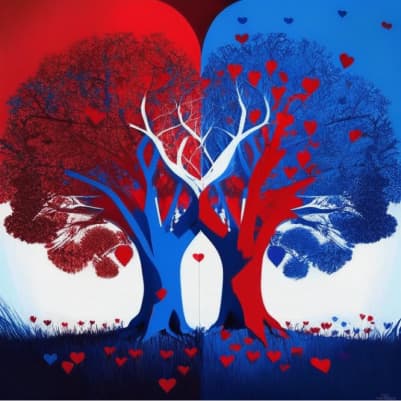 Два дерева рядом и сердечки вокруг